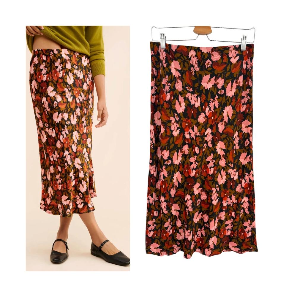 By Anthropologie Floral Bias Cut Midi Skirt Black Pink Boho Fall Size Medium
